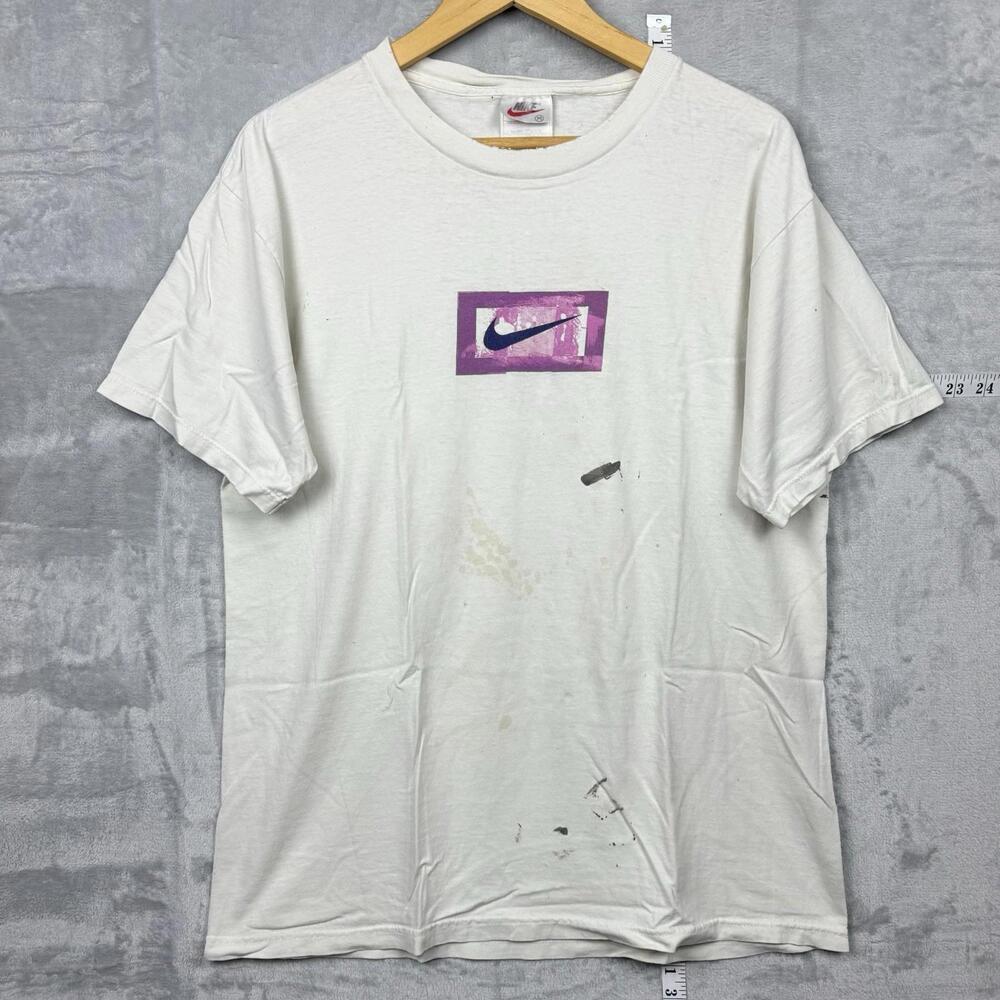 Vintage 90s Nike T-Shirt Made in USA Purple Teal Graphic Swoosh Logo Men’s M Y2K